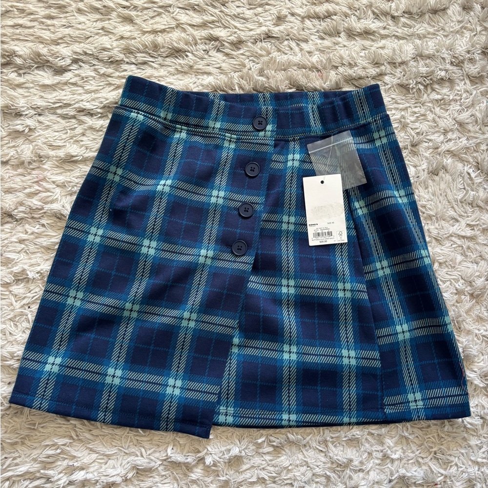 SO Navy & Teal Plaid Button-Front Mini Skirt